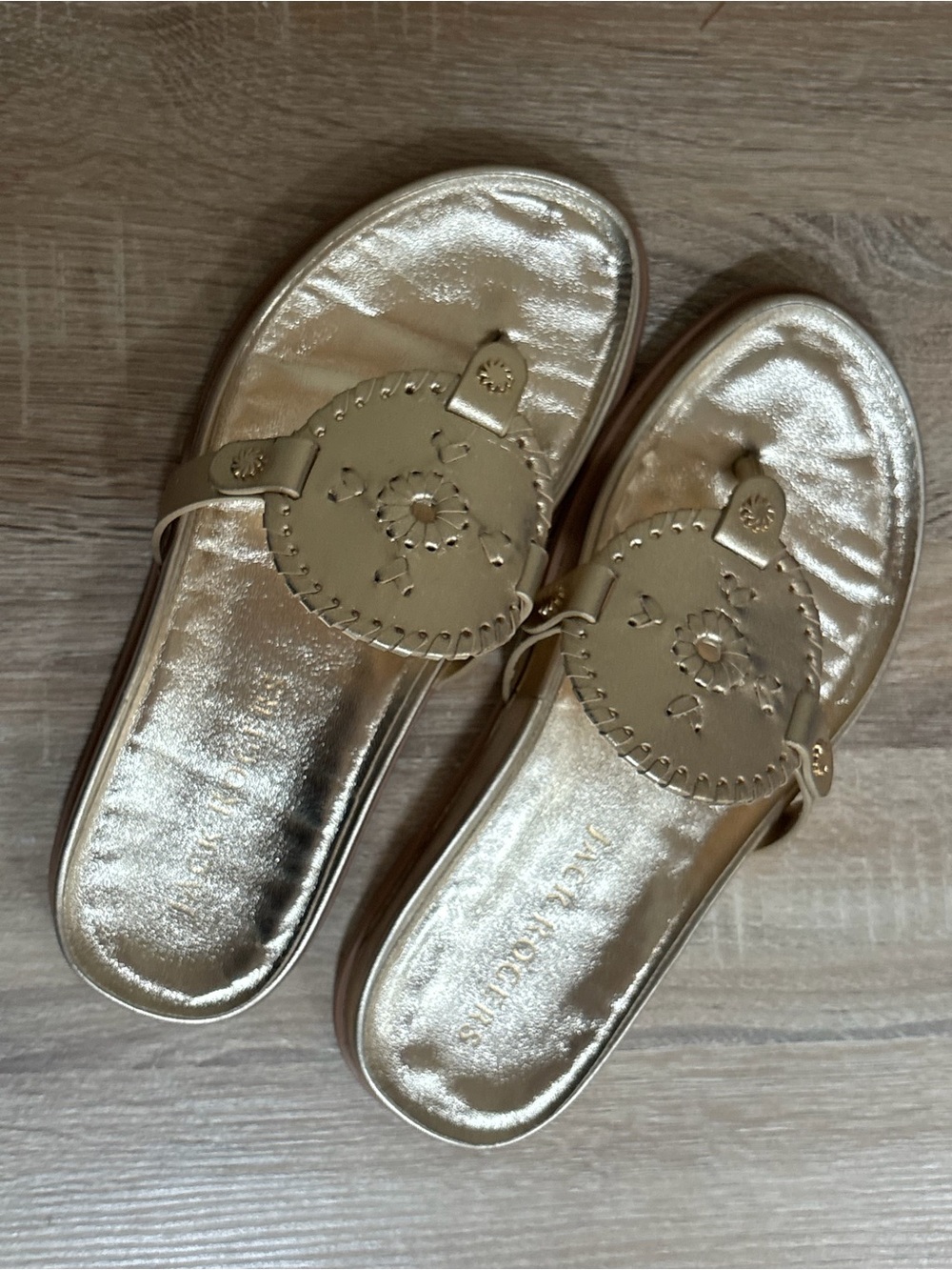 Jack Rogers Metallic Gold Leather Circle-Emblem Slide Sandals